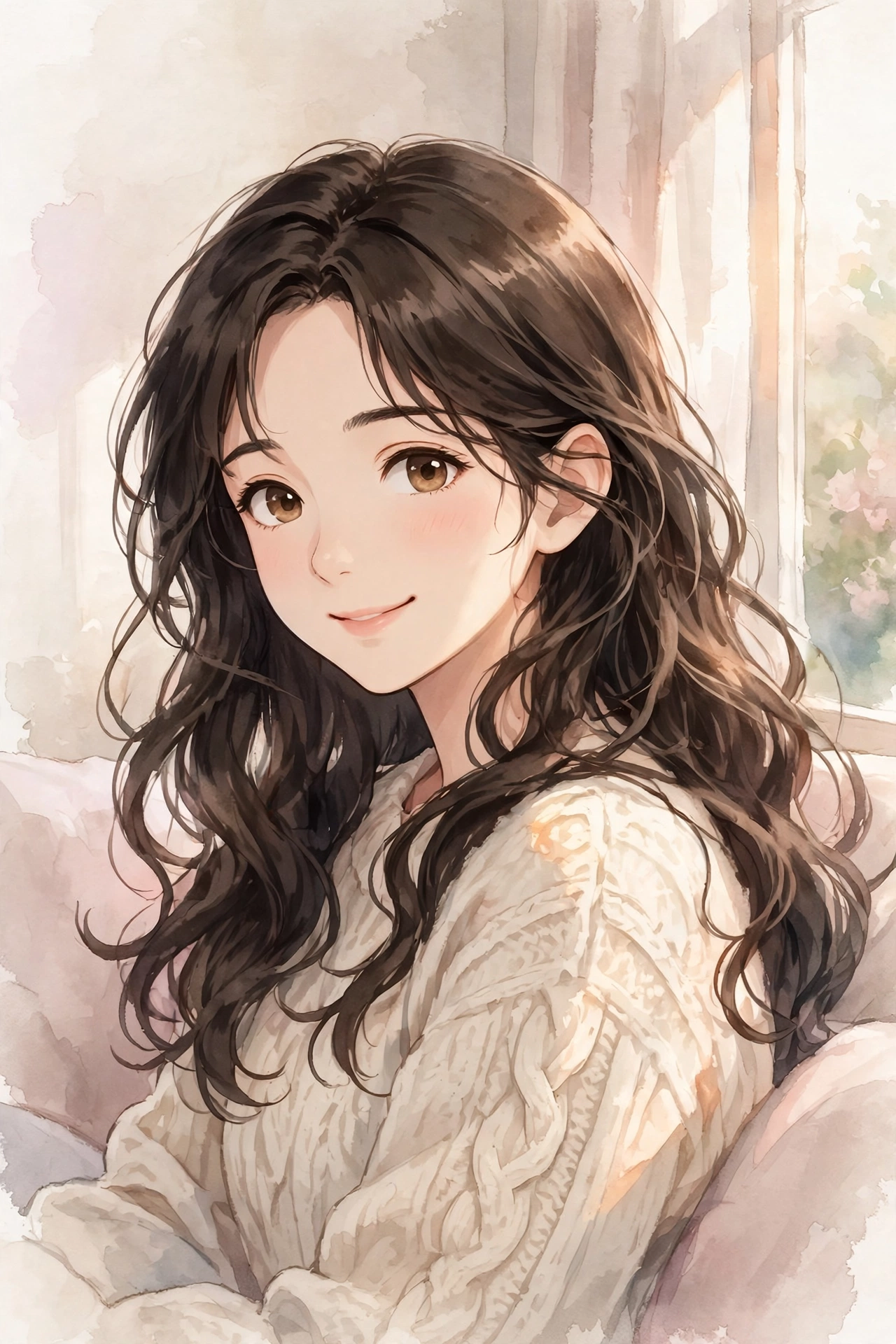 角色示例圖：長髮女性水彩風插畫，奶白與淡玫瑰色調